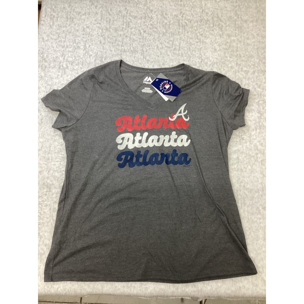 Majestic Atlanta Braves Womens 2XL T-Shirt Charcoal Heather V-Neck MLB NWT..